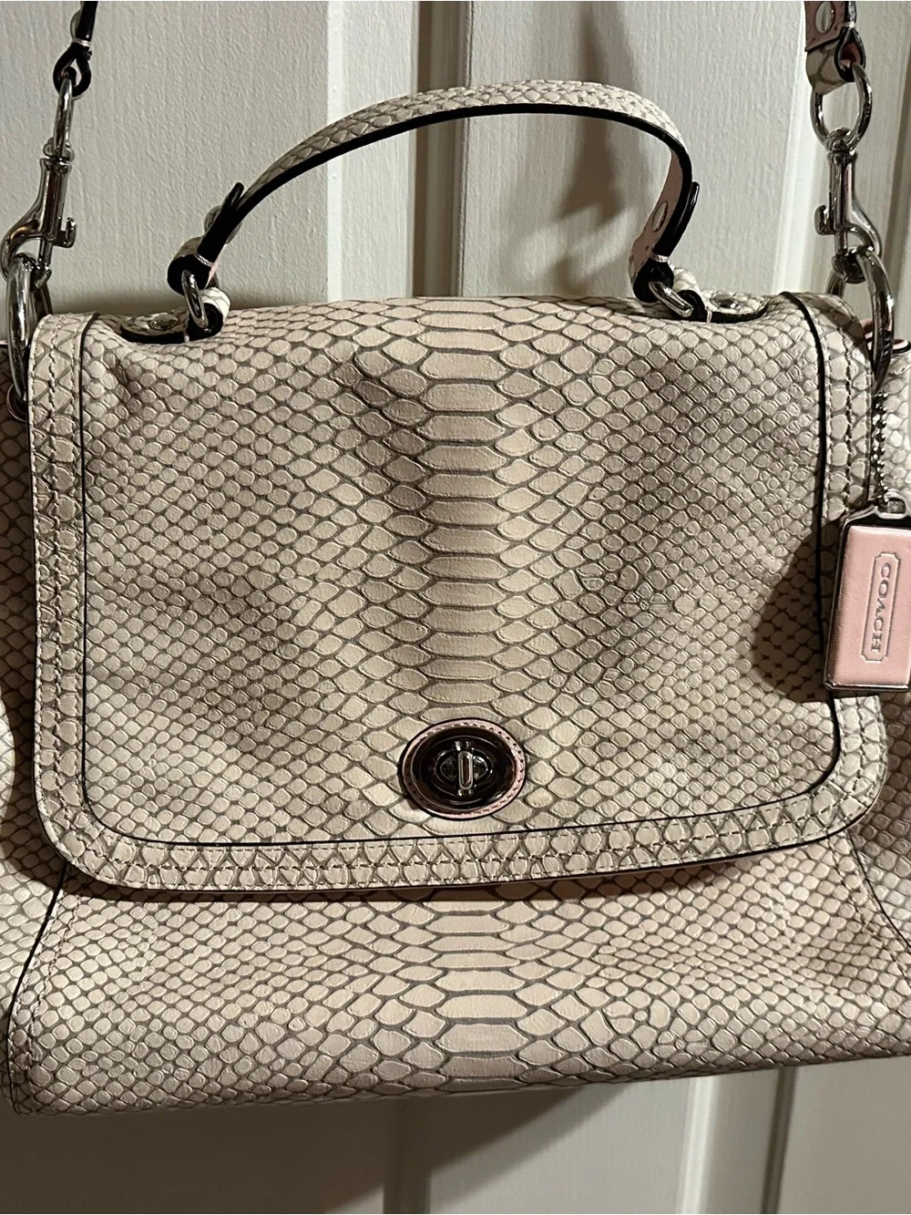 Coach Pink Beige Snake-Embossed Leather Top Handle Bag